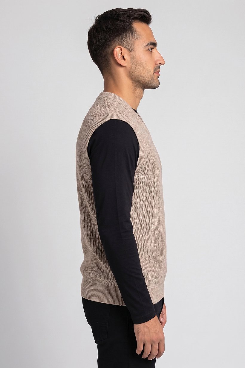 Men V Neck Knitted Sweater Vest, Beige