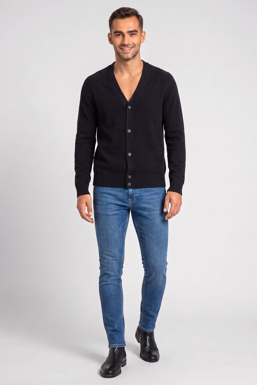 Men V-Neck Knitted Cardigan, Black