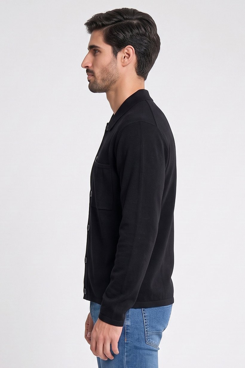 Men Spread Collar Knitted Cardigan, Black