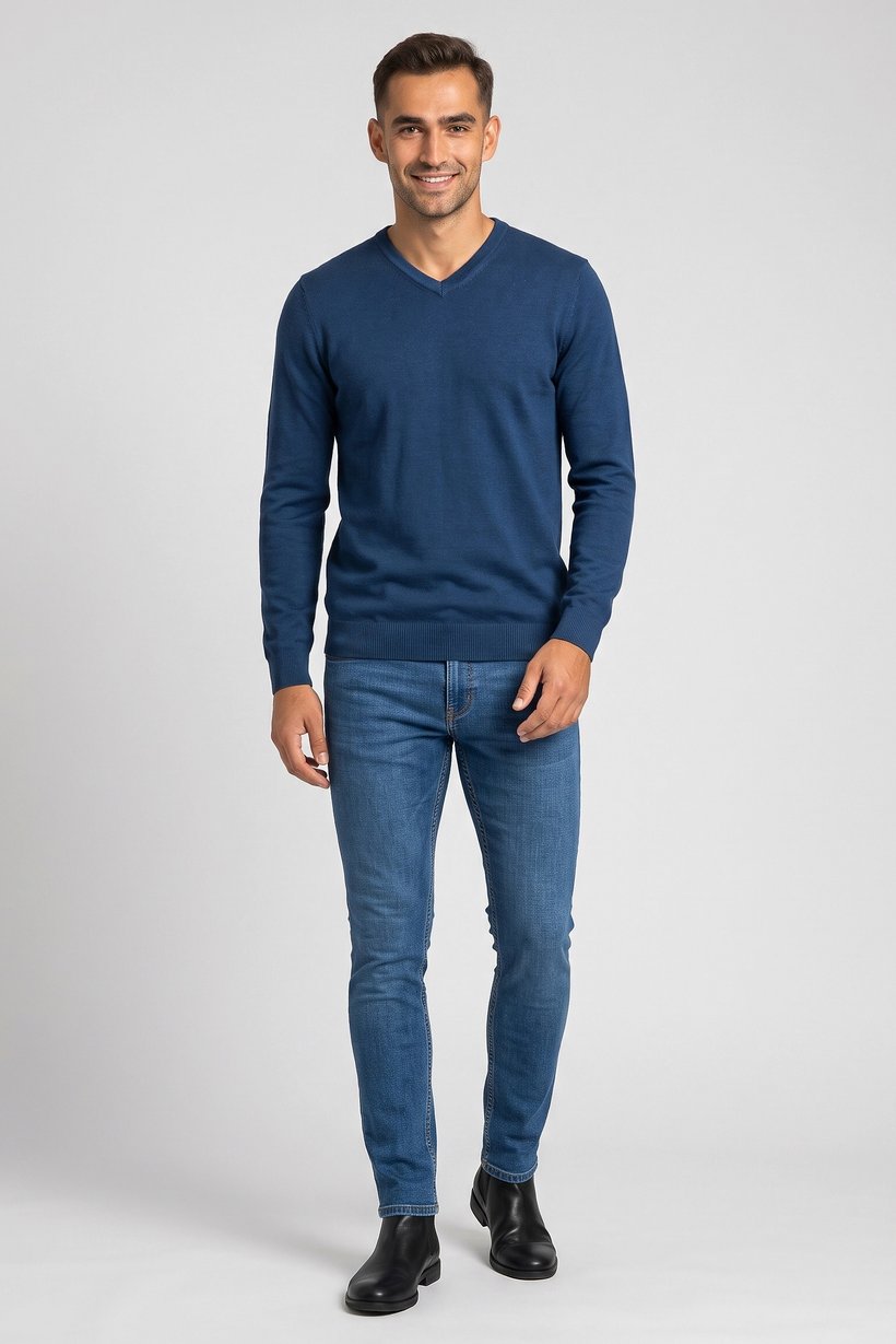 Men V Neck Knitted Sweater, Teal Blue