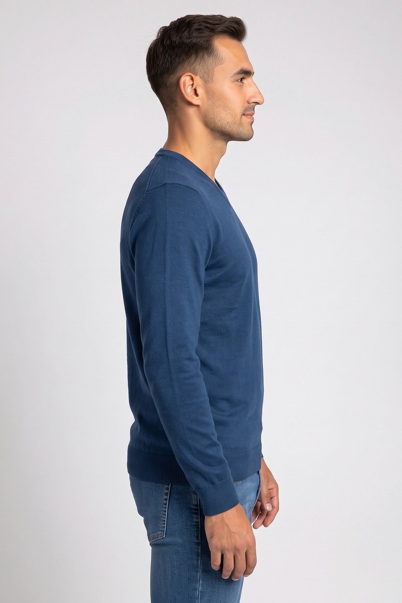 Men V Neck Knitted Sweater, Teal Blue