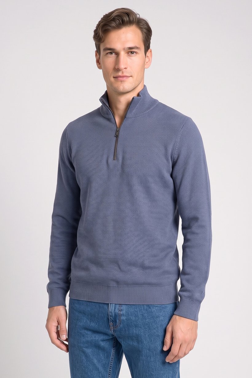 Men High Neck Textured Print Sweater, Blue