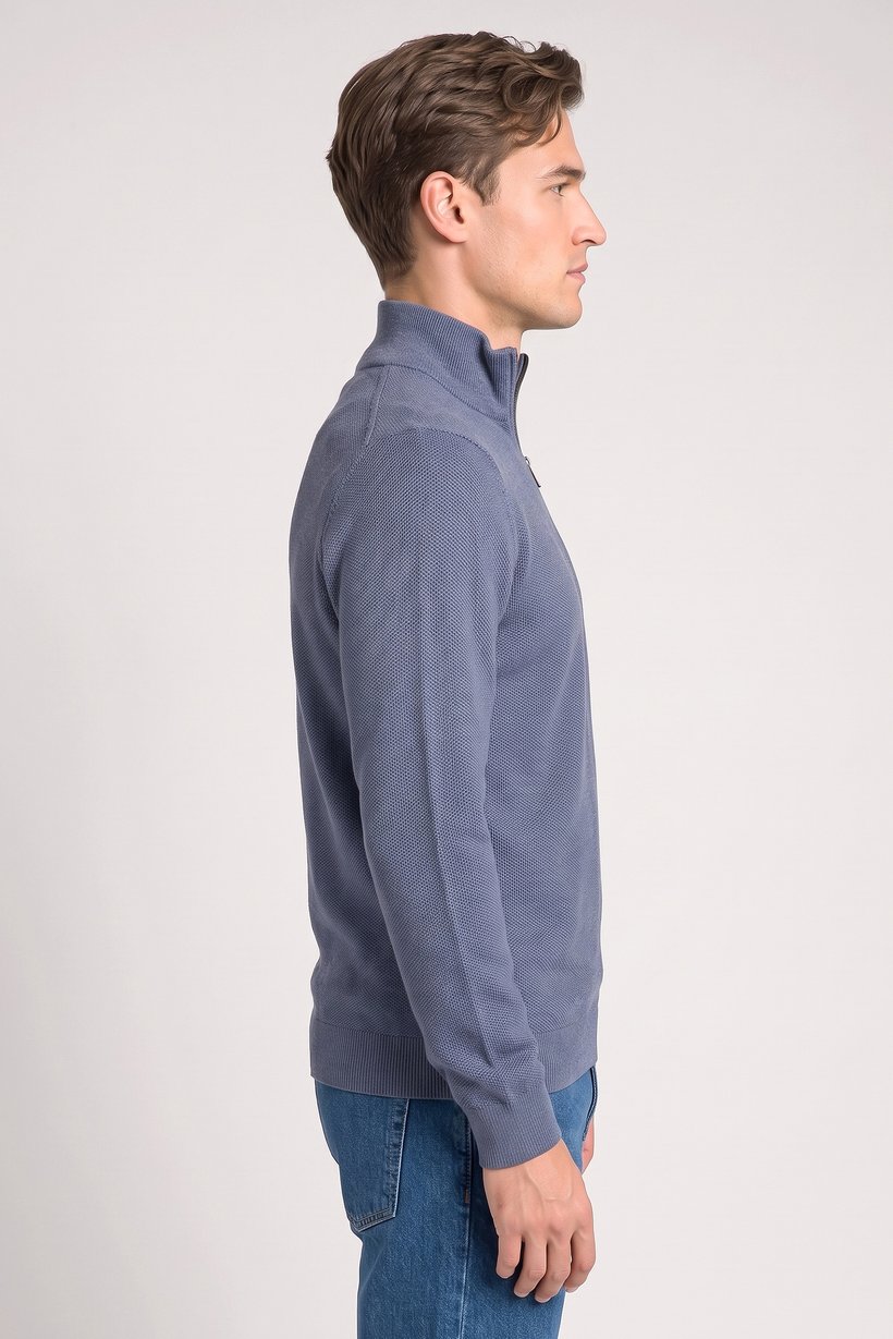 Men High Neck Textured Print Sweater, Blue