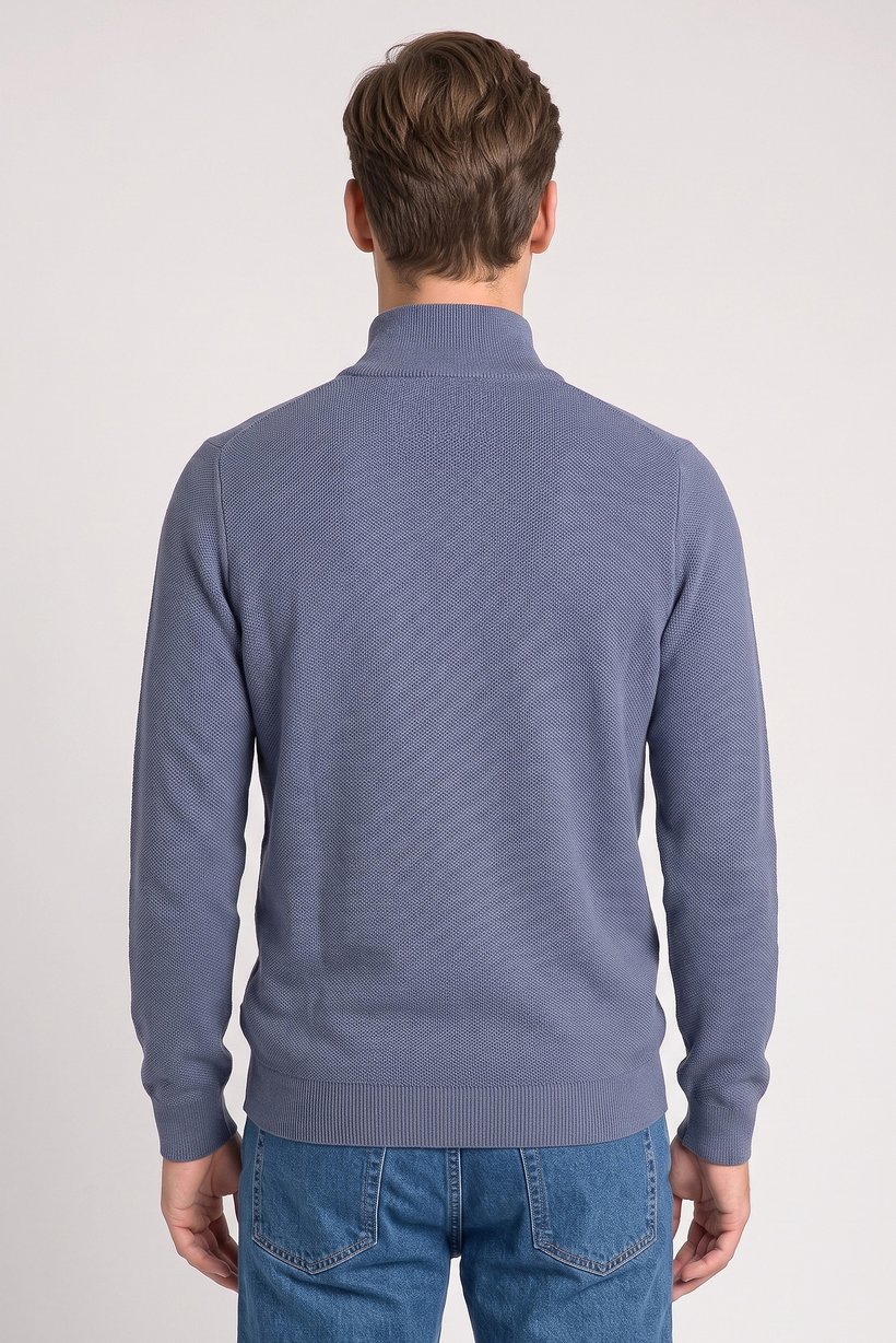 Men High Neck Textured Print Sweater, Blue