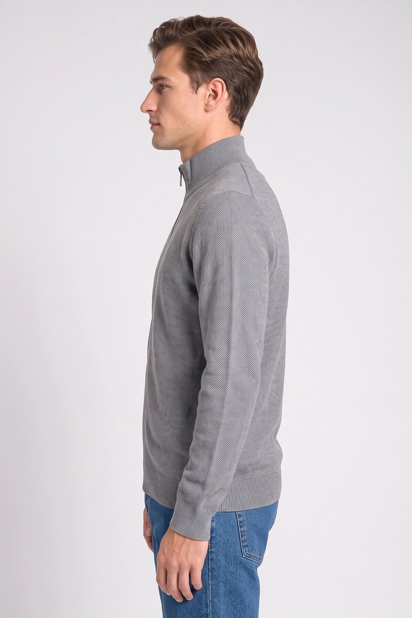 Men Mock Neck Knitted Full Zip Sweater, Grey