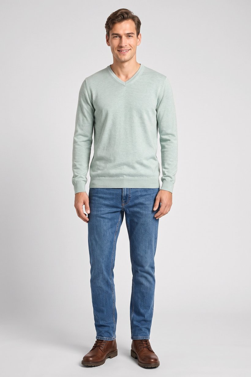 Men V Neck Knitted Sweater, Mint Green