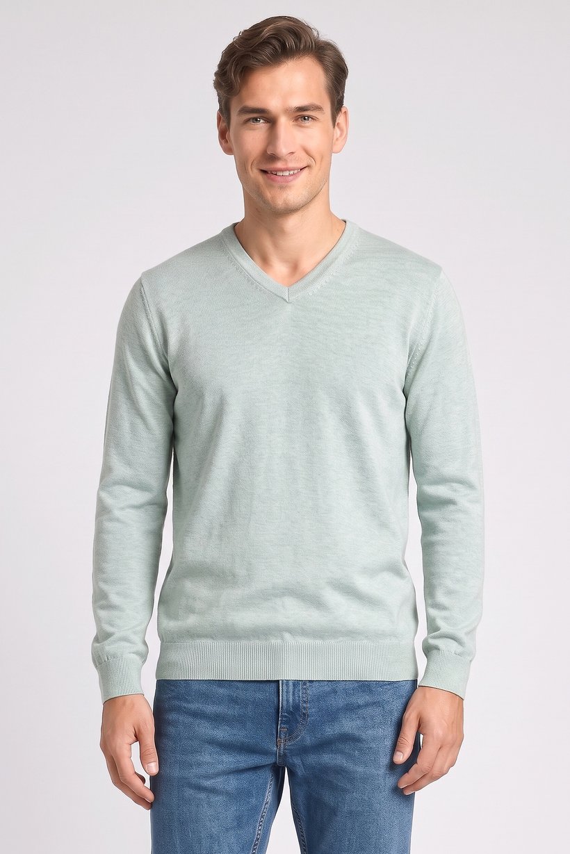 Men V Neck Knitted Sweater, Mint Green