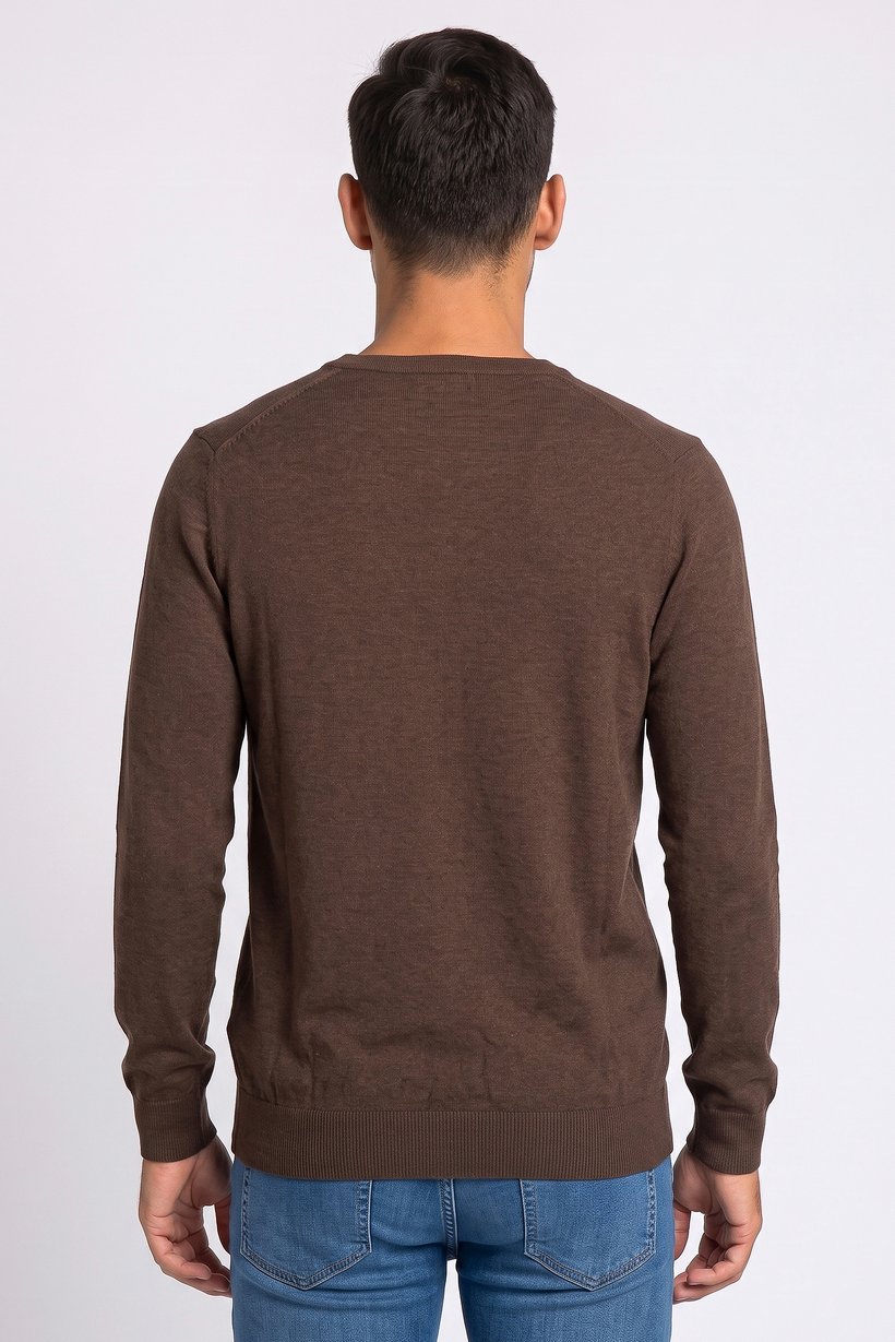 Men V-Neck Long Sleeve Plain Sweater, Coffee