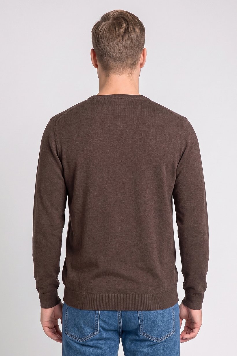 Men V Neck Heather Long Sleeve Sweater, Dark Brown