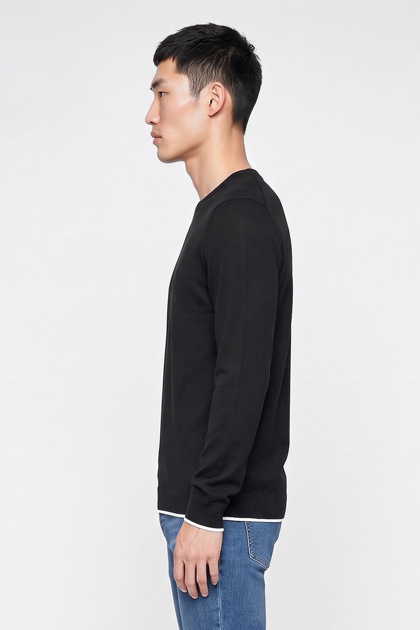Men Crew Neck Knitted Long Sleeve Sweater, Black