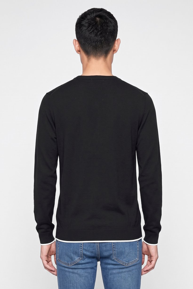 Men Crew Neck Knitted Long Sleeve Sweater, Black