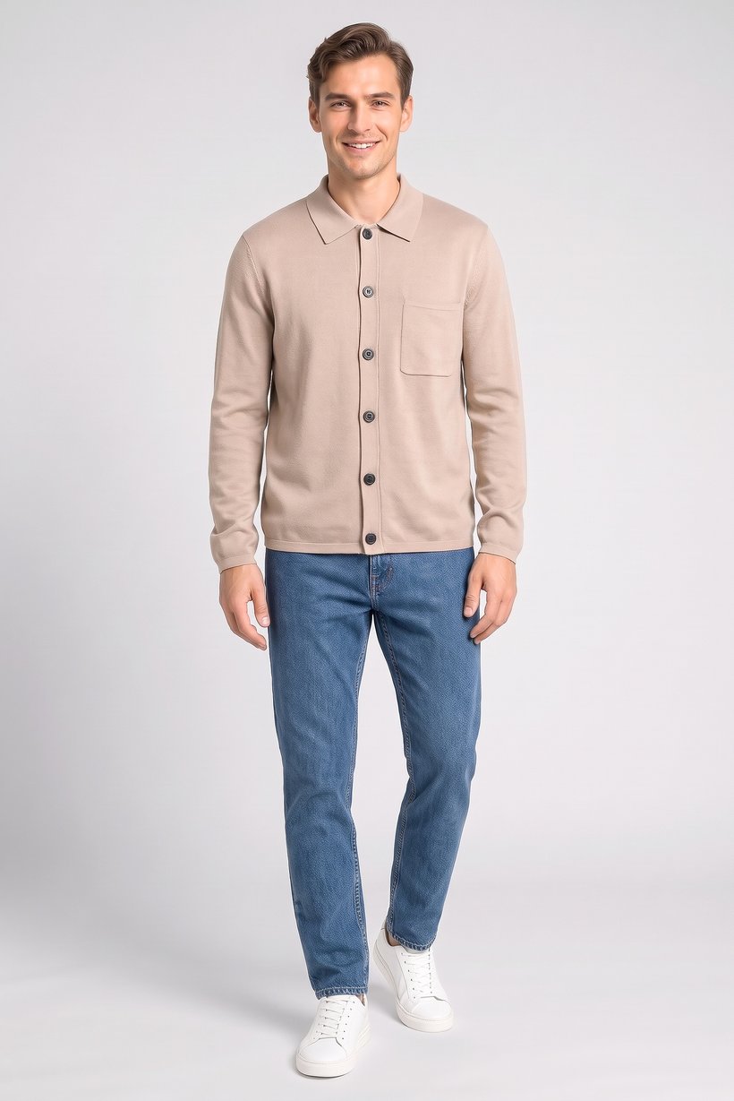 Men Spread Collar Knitted Cardigan, Beige