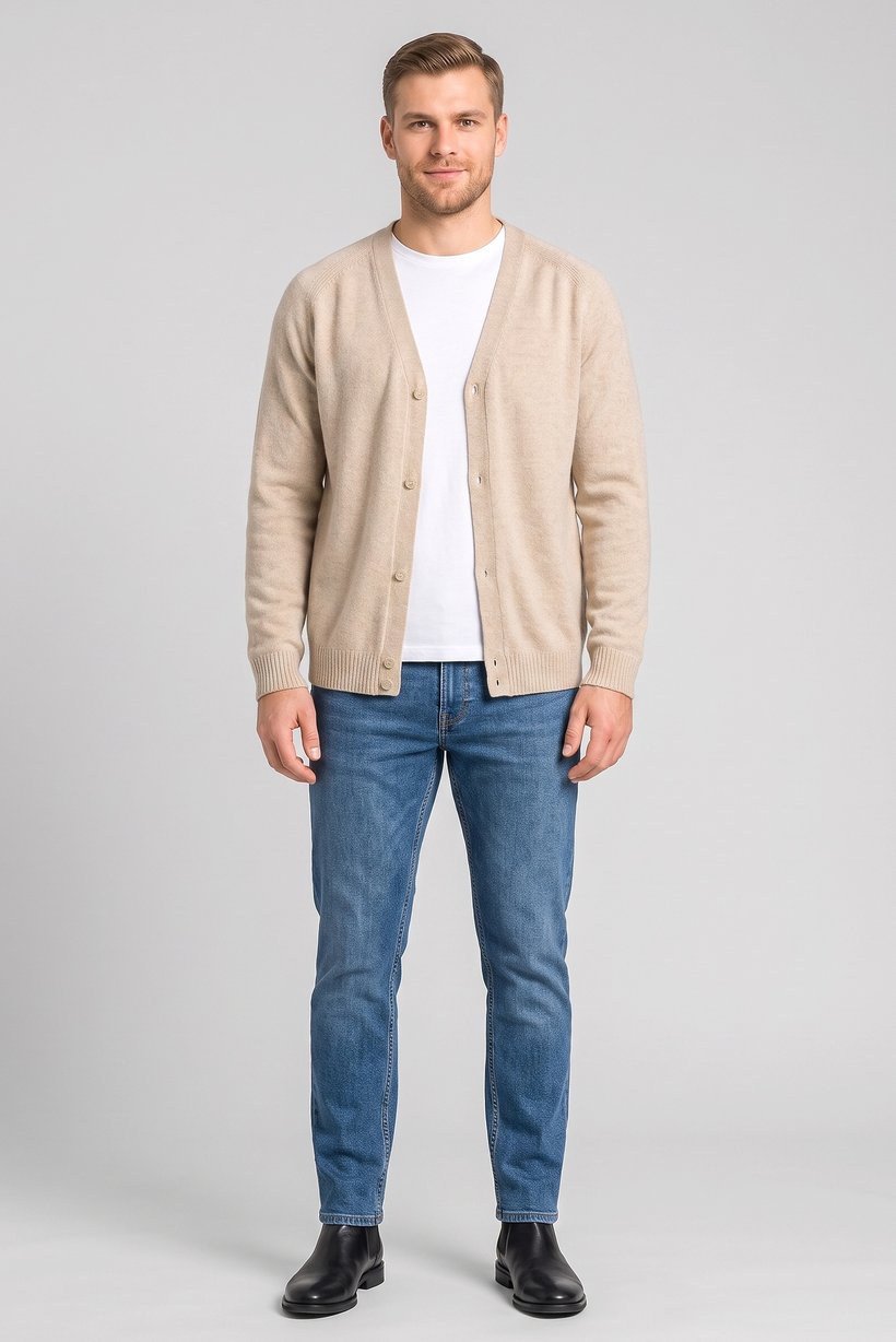 Men V-Neck Knitted Cardigan, Beige