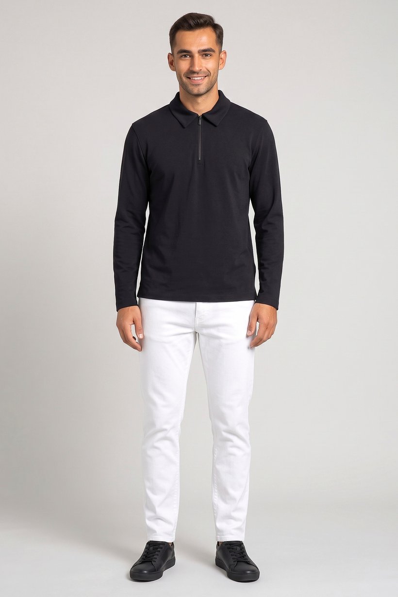 Men Regular Fit Plain Long Sleeve Polo Shirt, Navy