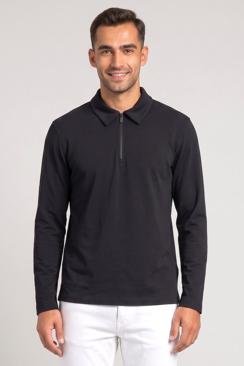 Men Regular Fit Plain Long Sleeve Polo Shirt, Navy