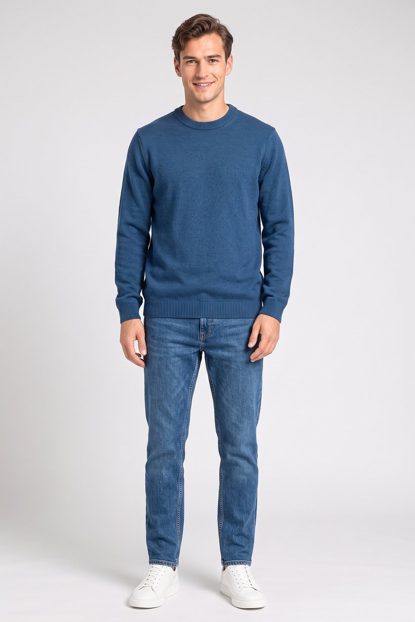Men Crew Neck Long Sleeve Sweater, Teal Blue