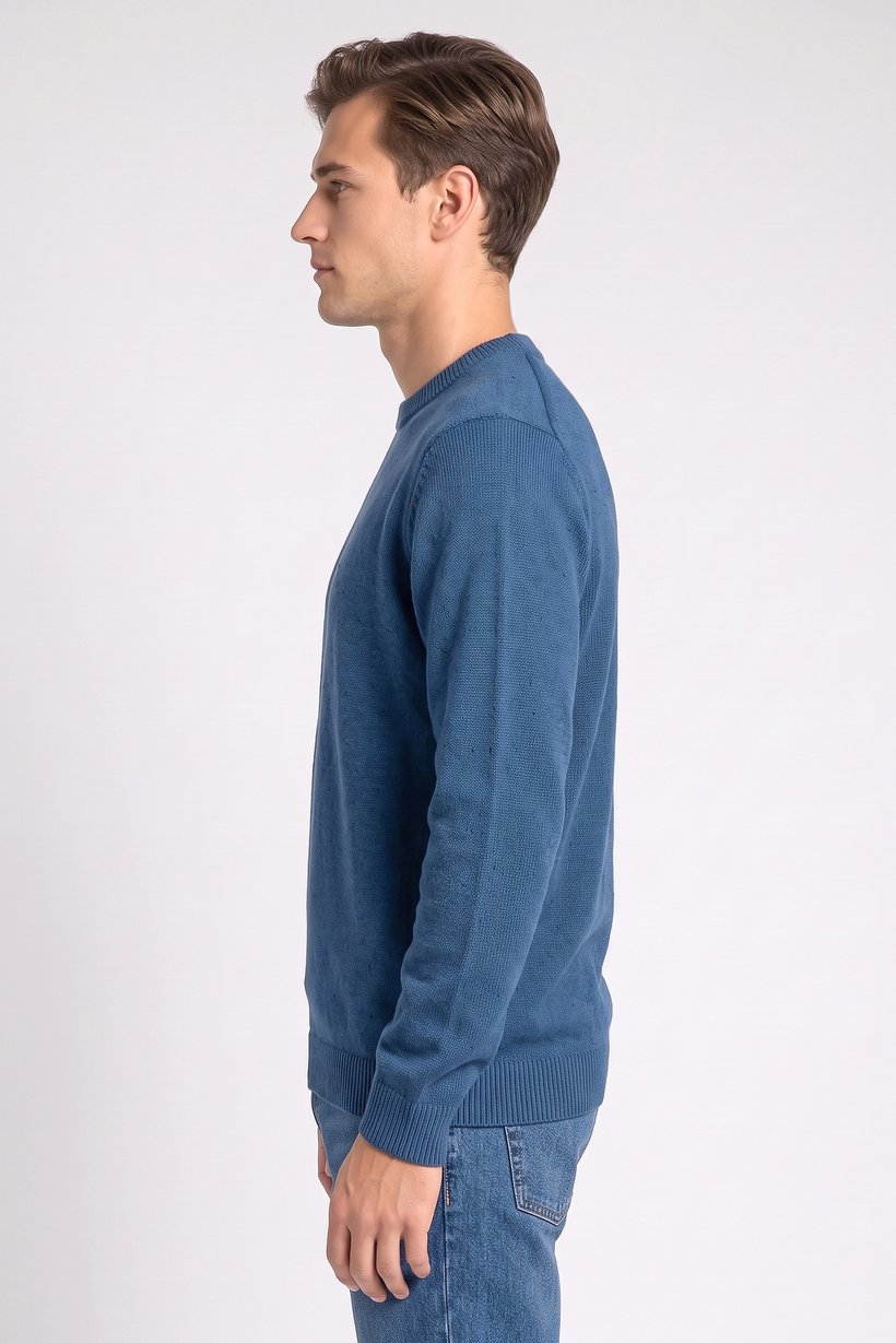 Men Crew Neck Long Sleeve Sweater, Teal Blue