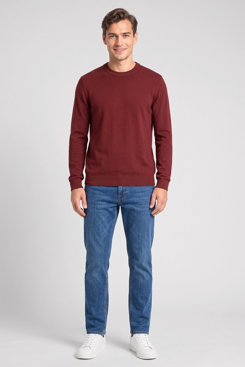 Men Crew Neck Long Sleeve Knitted Sweater, Burgundy