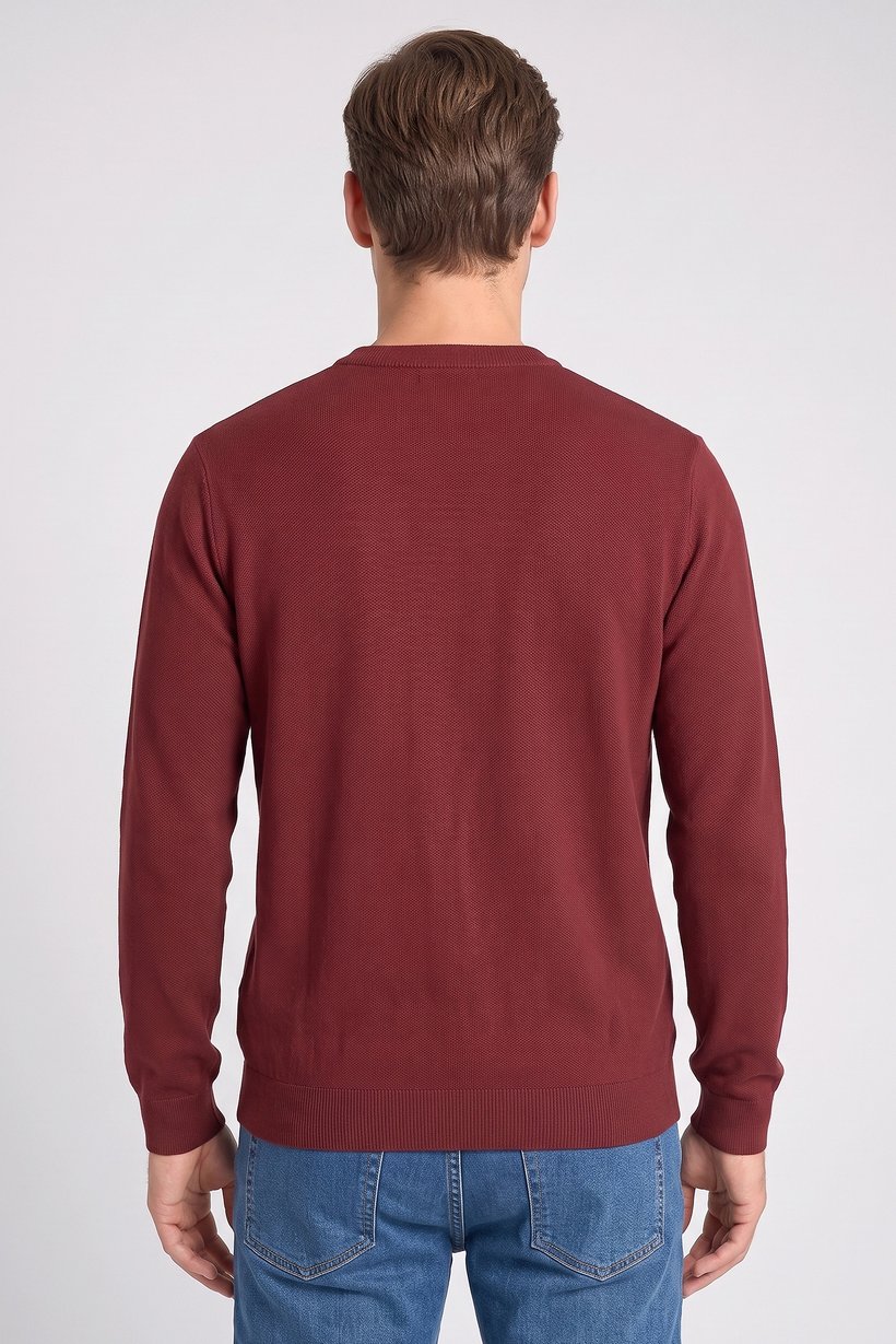 Men Crew Neck Long Sleeve Knitted Sweater, Burgundy