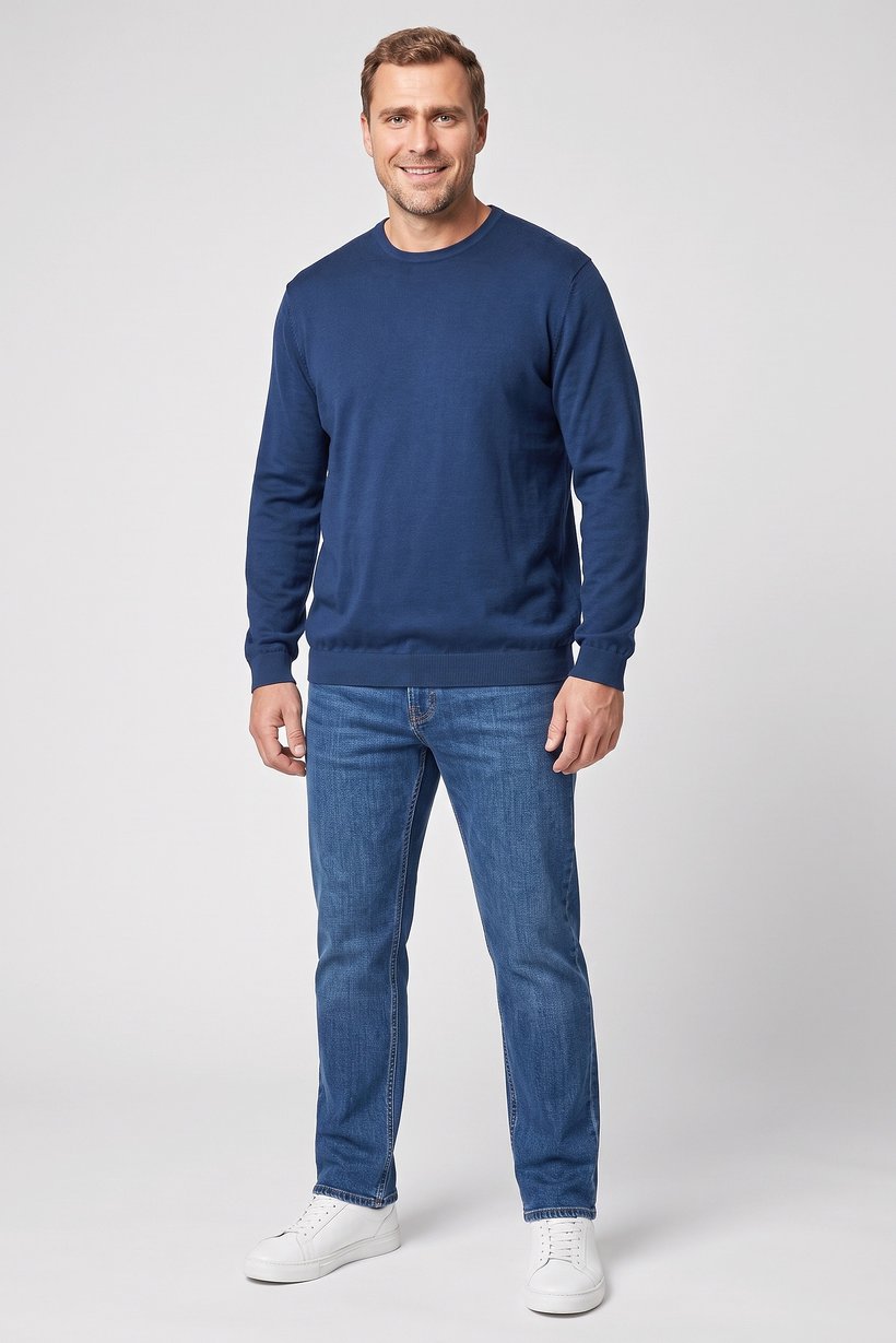 Men Crew Neck Knitted Long Sleeve Sweater, Teal Blue