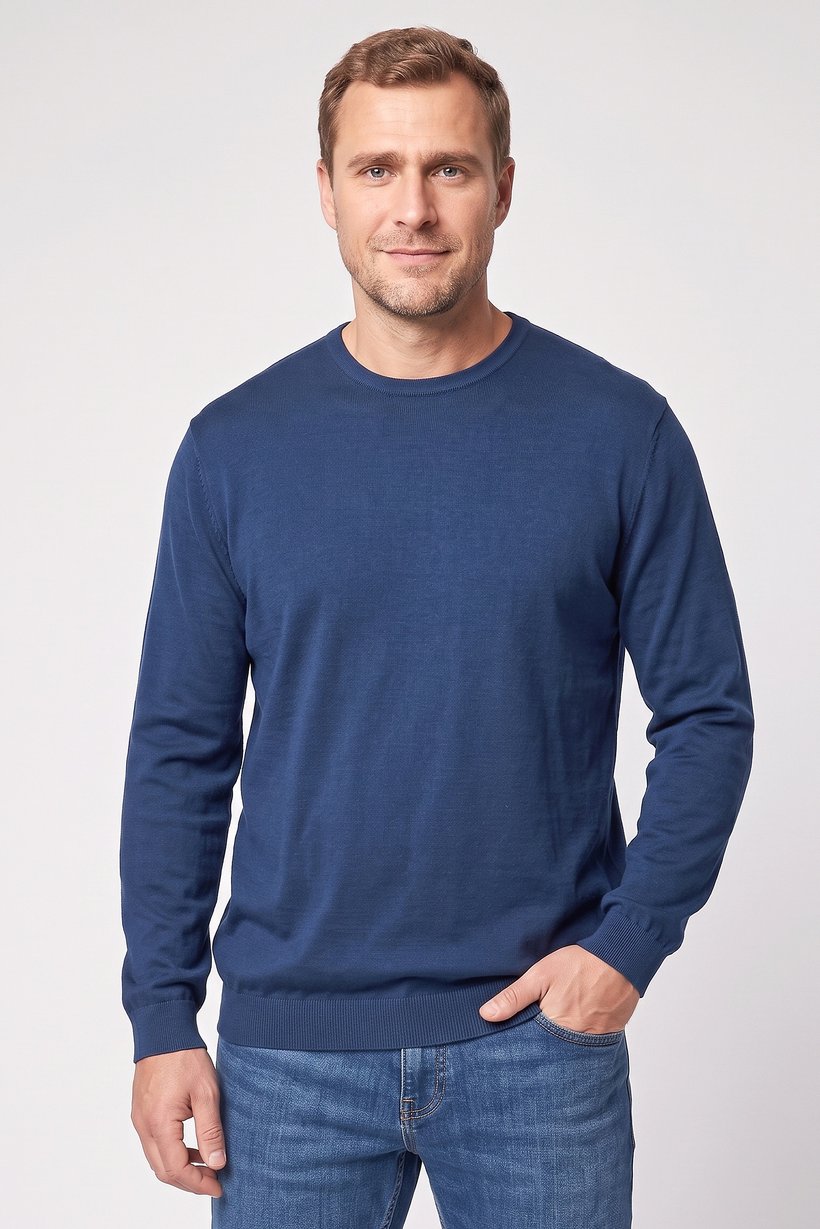 Men Crew Neck Knitted Long Sleeve Sweater, Teal Blue