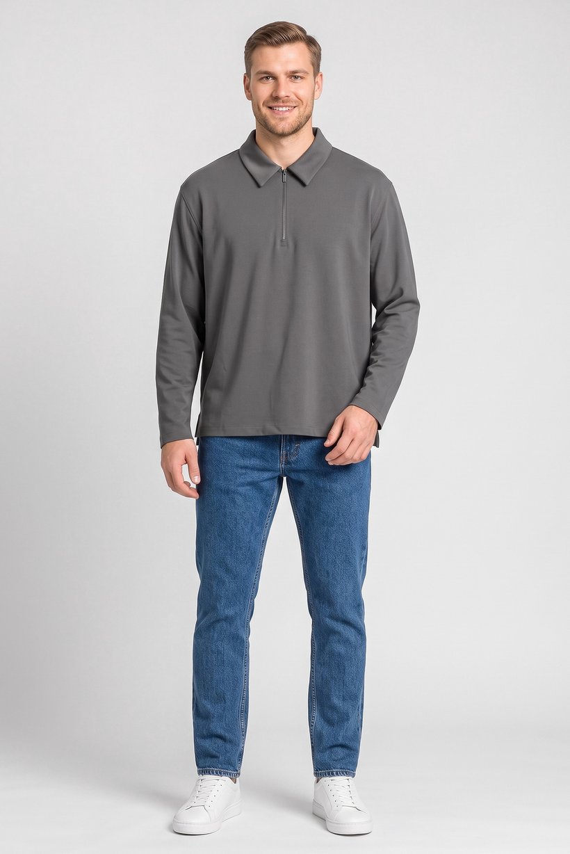 Men Regular Fit Plain Long Sleeve Polo Shirt, Grey