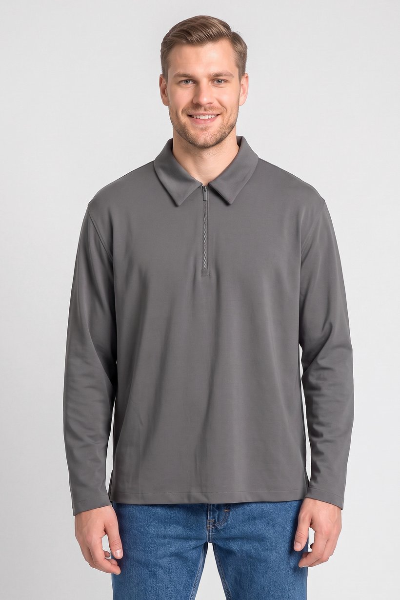 Men Regular Fit Plain Long Sleeve Polo Shirt, Grey