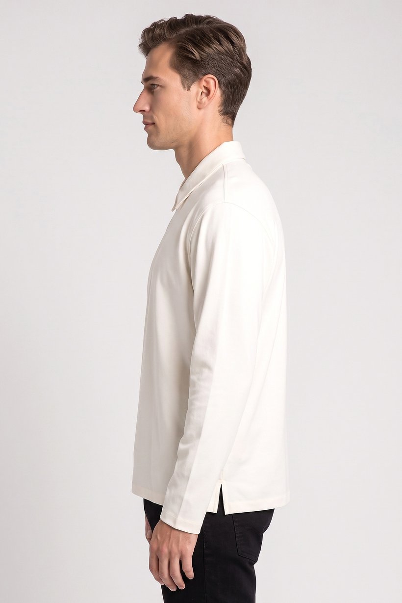 Men Regular Fit Long Sleeve Plain Polo Shirt, Cream