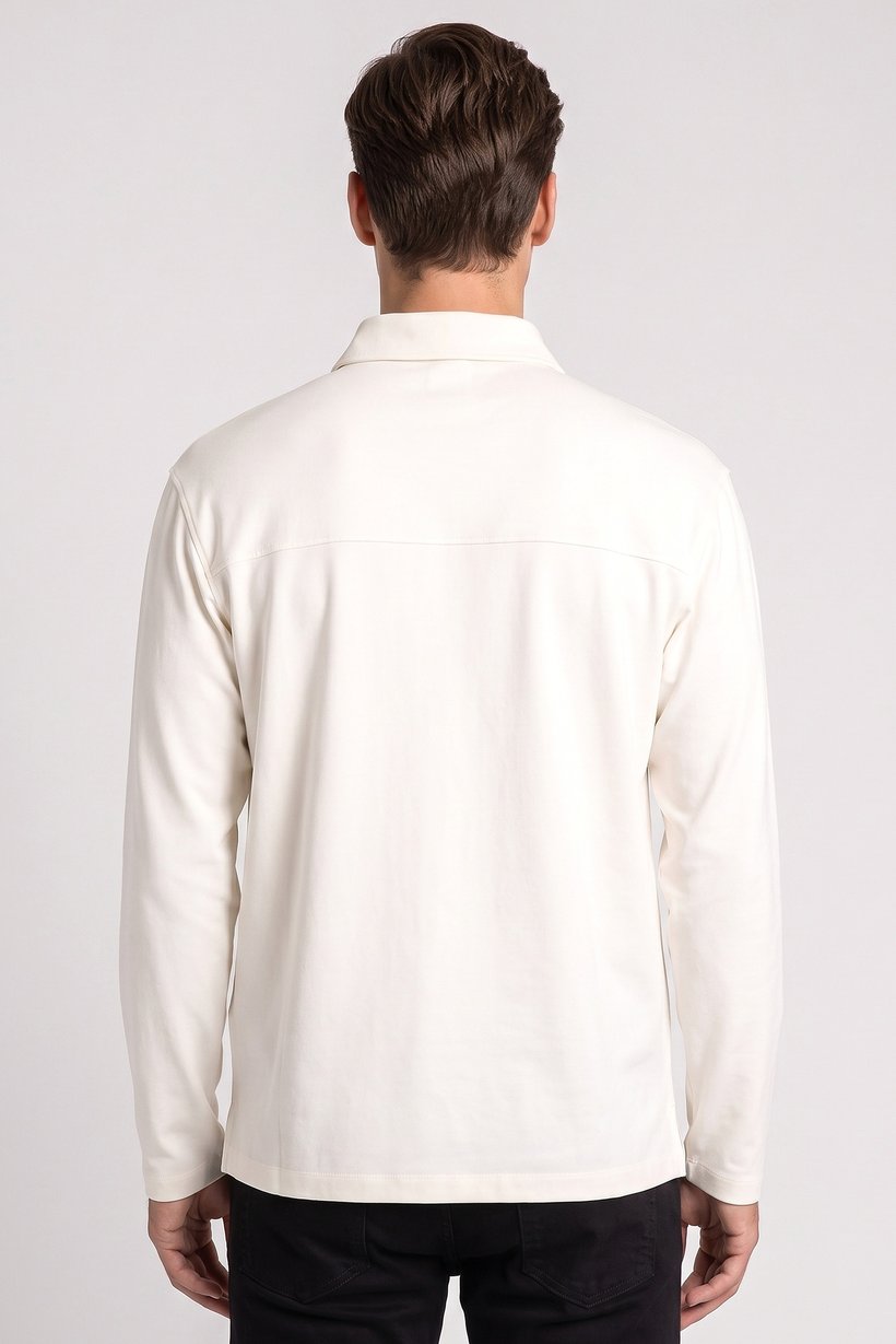 Men Regular Fit Long Sleeve Plain Polo Shirt, Cream