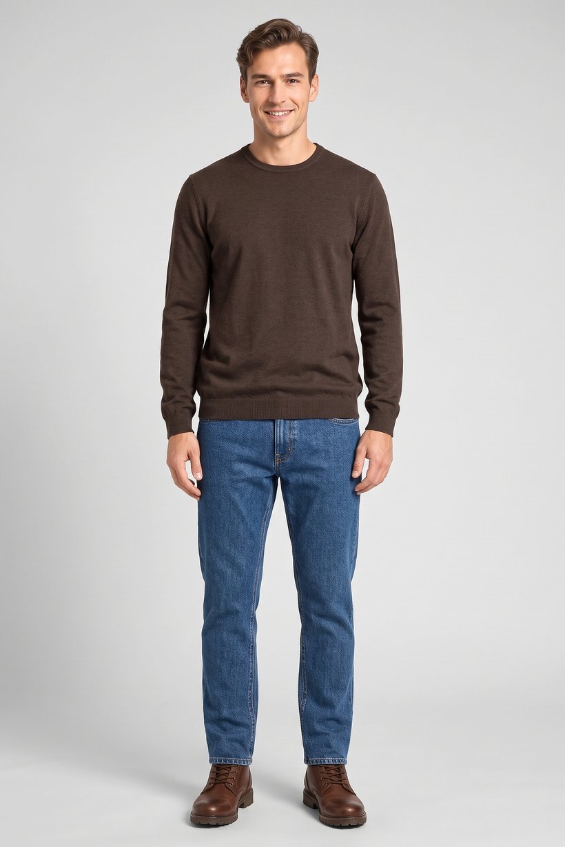 Men Crew Neck Knitted Sweater, Chocolate Brown