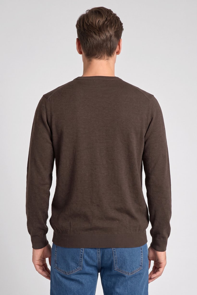 Men Crew Neck Knitted Sweater, Chocolate Brown