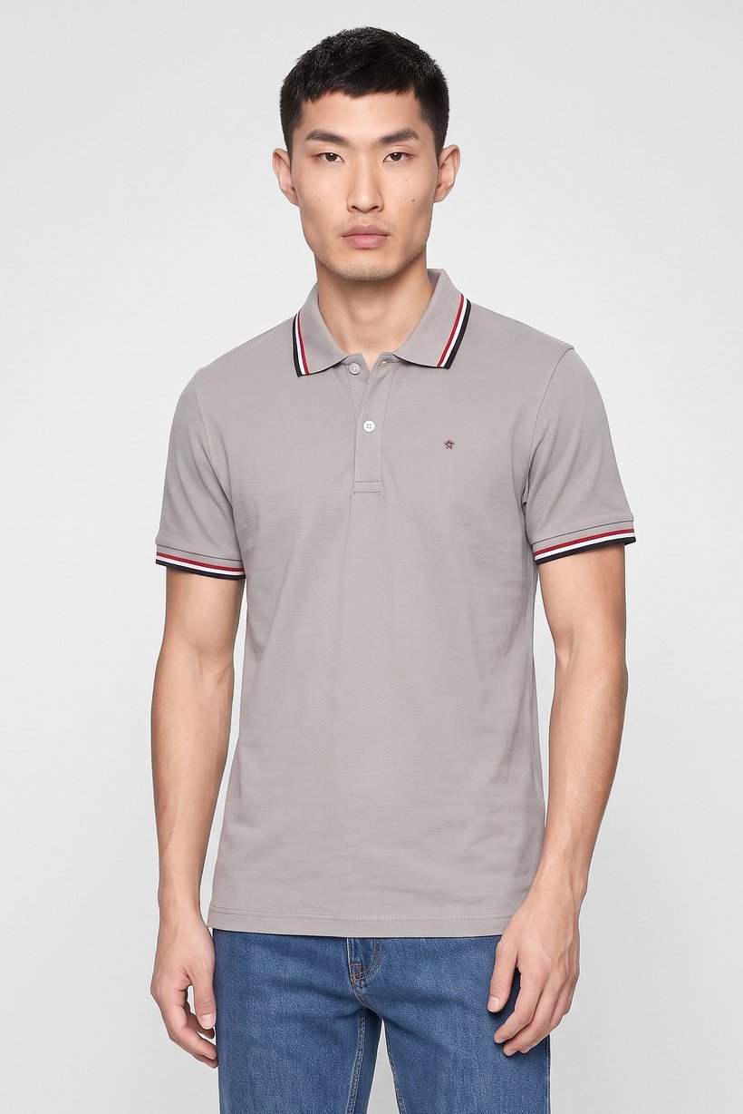 Men Slim Fit Embroidered Short Sleeve Polo Shirt, Light Grey