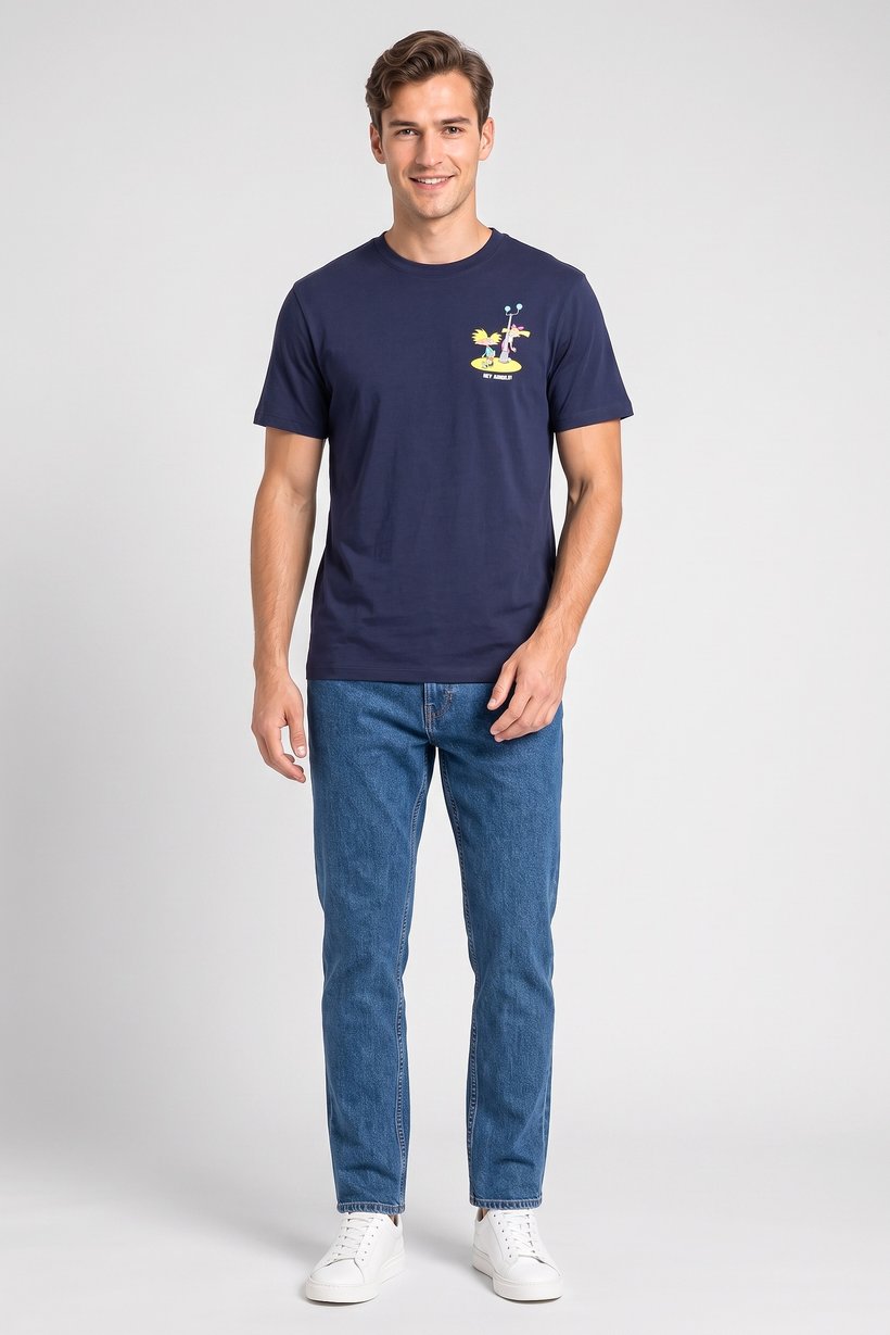 Men Crew Neck Short Sleeve Graphic Print T-Shirt, Navy