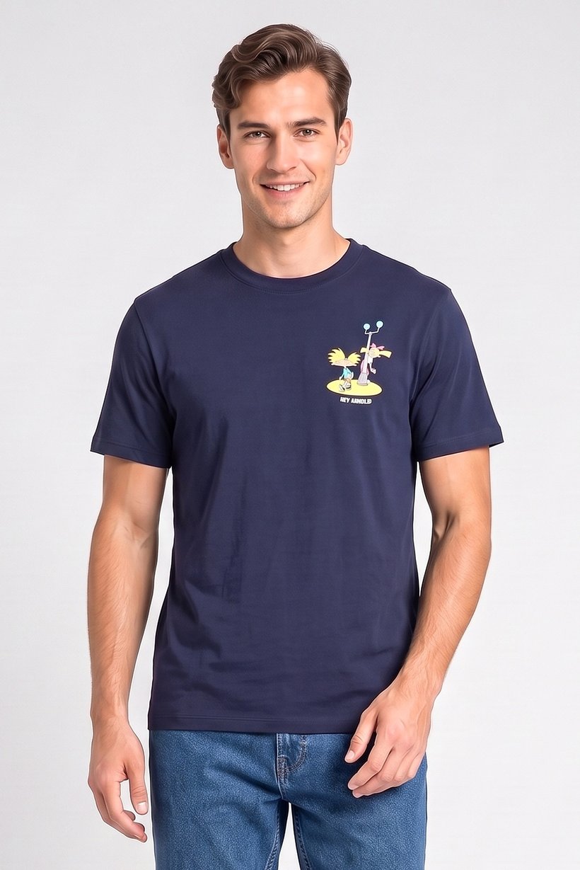 Men Crew Neck Short Sleeve Graphic Print T-Shirt, Navy
