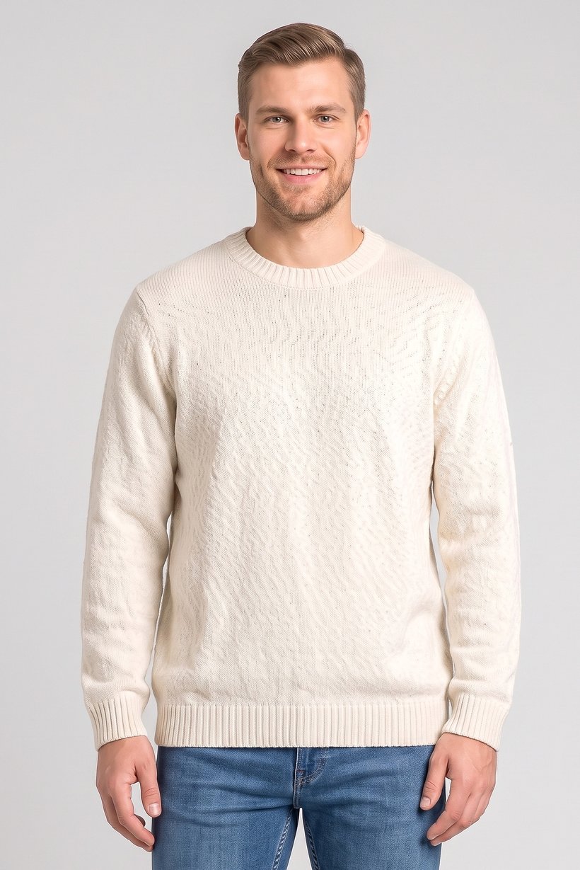 Men Crew Neck Long Sleeve Knitted Sweater, Cream