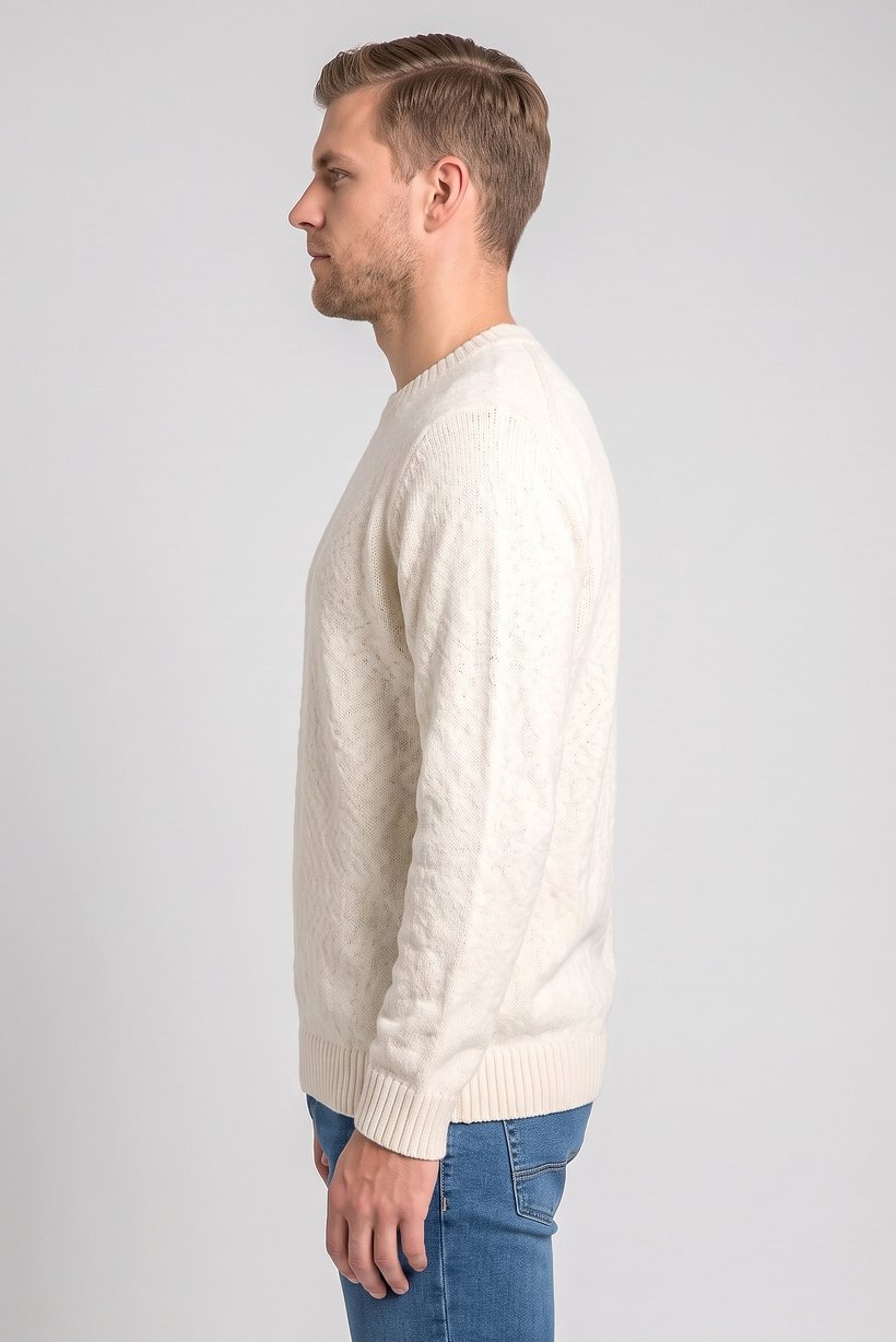 Men Crew Neck Long Sleeve Knitted Sweater, Cream