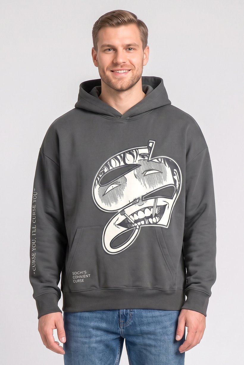 Men Hood Graphic Print Long Sleeve Sweatshirt, Dark Grey
