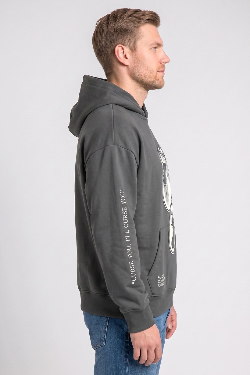 Men Hood Graphic Print Long Sleeve Sweatshirt, Dark Grey