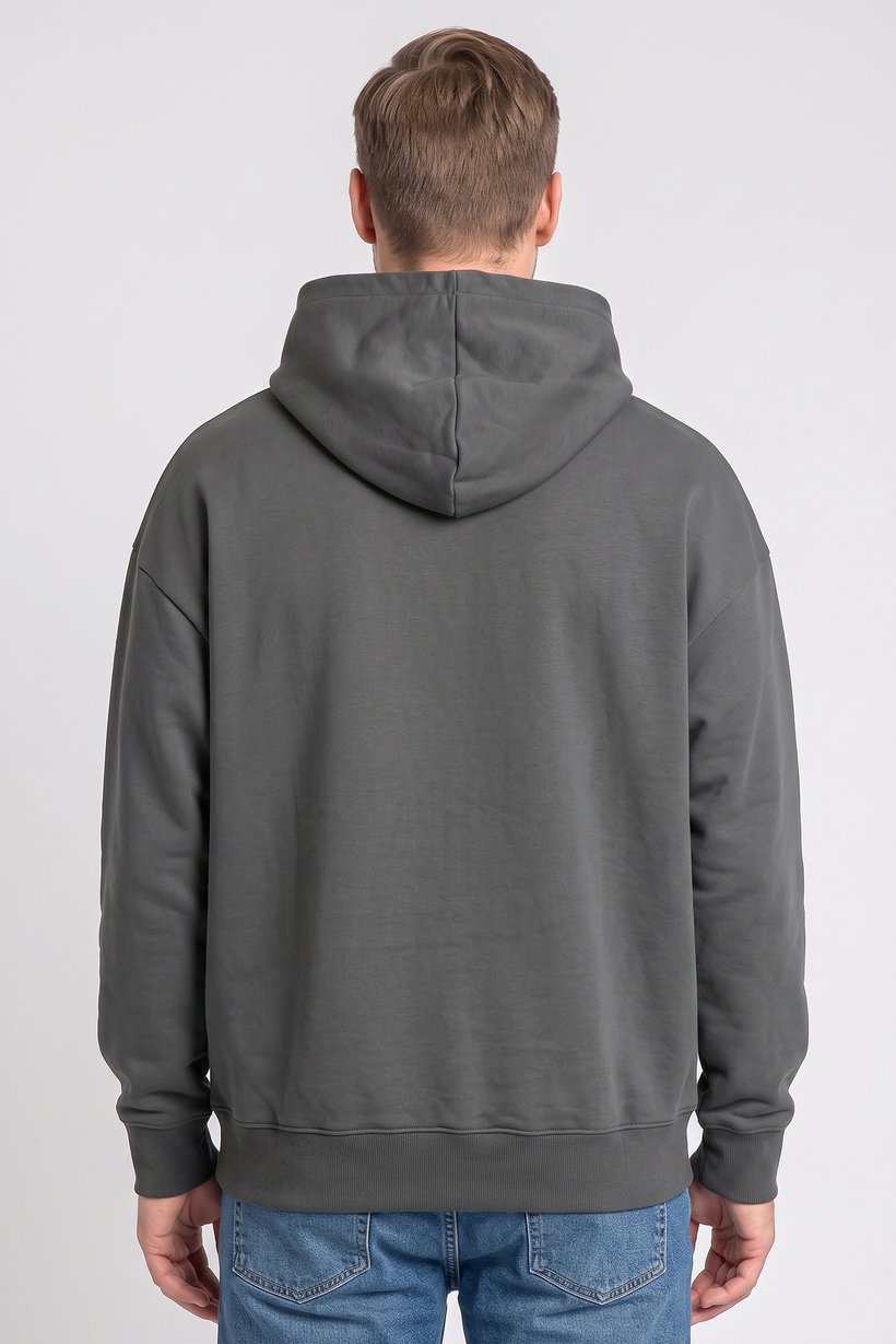 Men Hood Graphic Print Long Sleeve Sweatshirt, Dark Grey