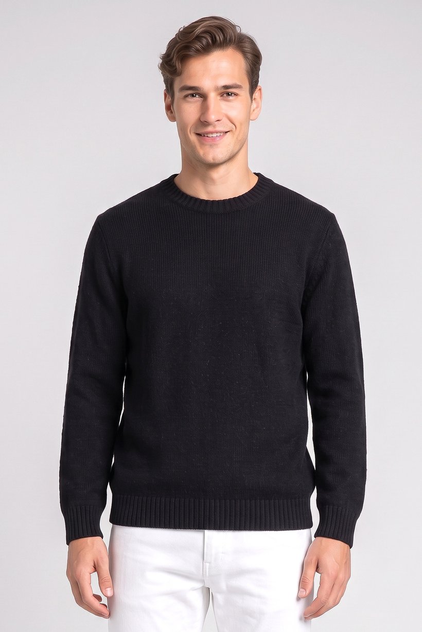 Men Crew Neck Textured Sweater, Black