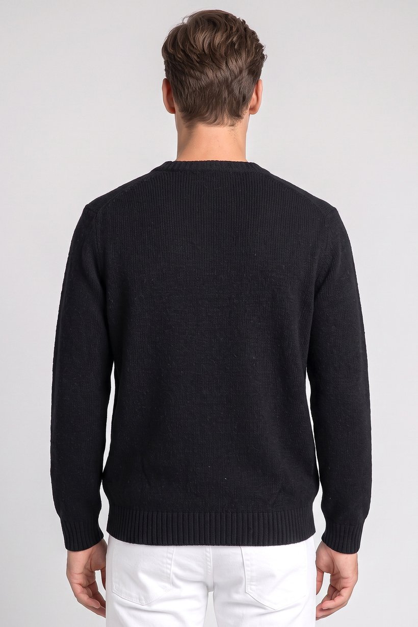 Men Crew Neck Textured Sweater, Black