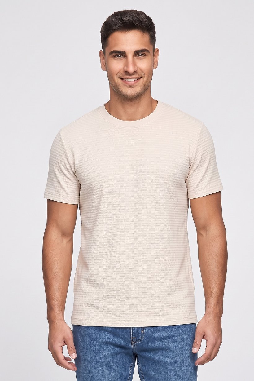 Men Crew Neck Short Sleeve Textured T-Shirt, Beige