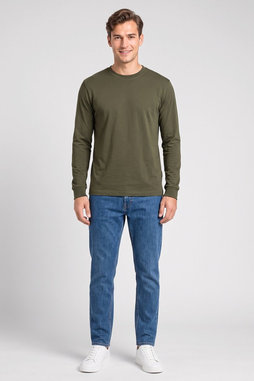 Men Crew Neck Long Sleeve Plain T-Shirt, Olive