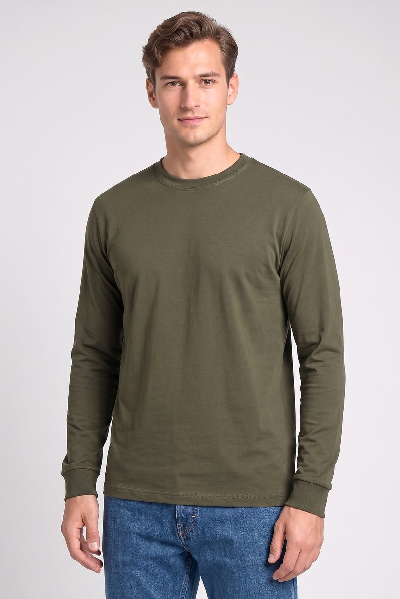 Men Crew Neck Long Sleeve Plain T-Shirt, Olive