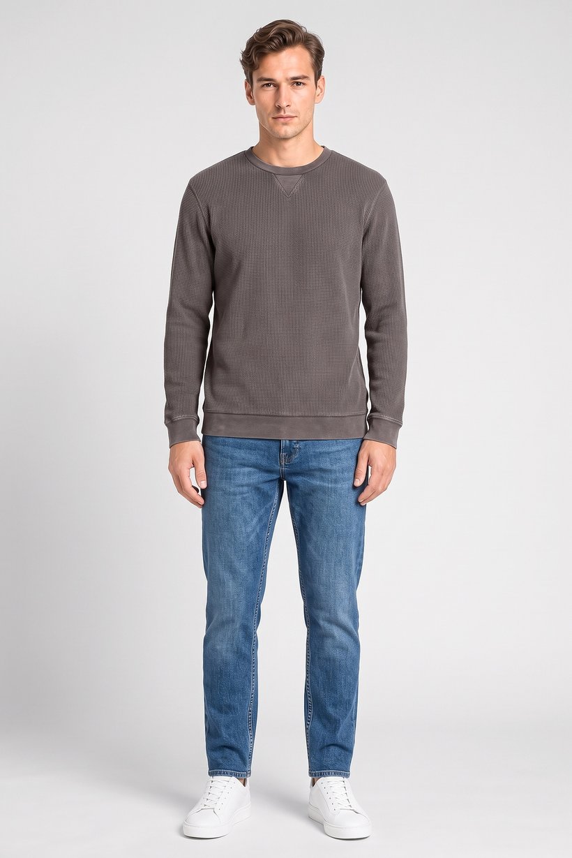 Men Crew Neck Textured Sweater, Dark Taupe