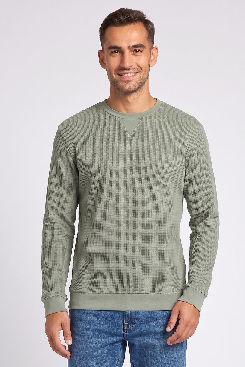 Men Crew Neck Textured Sweater, Sage Green