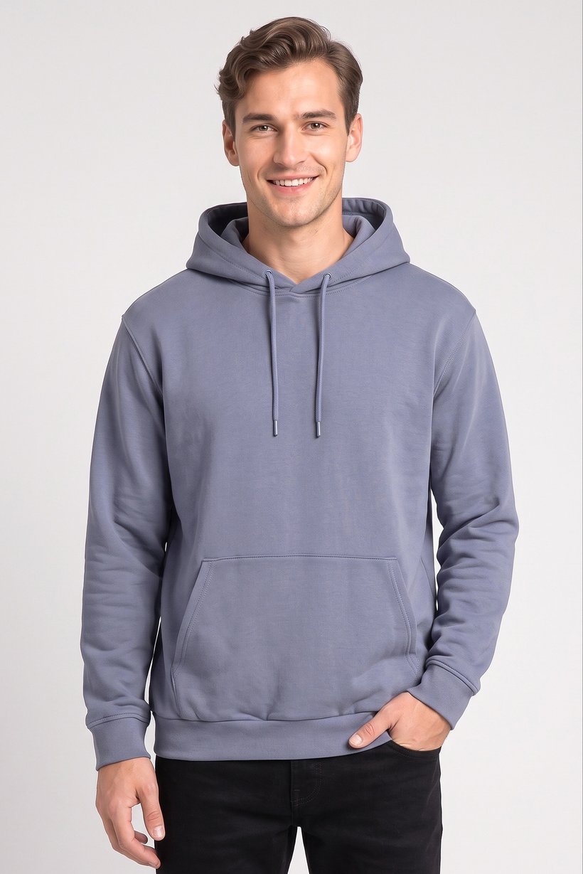 Men Solid Long Sleeve Hoodie, Slate Blue