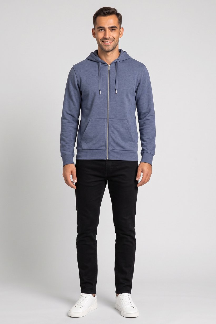 Men Textured Long Sleeve Hoodie, Slate Blue