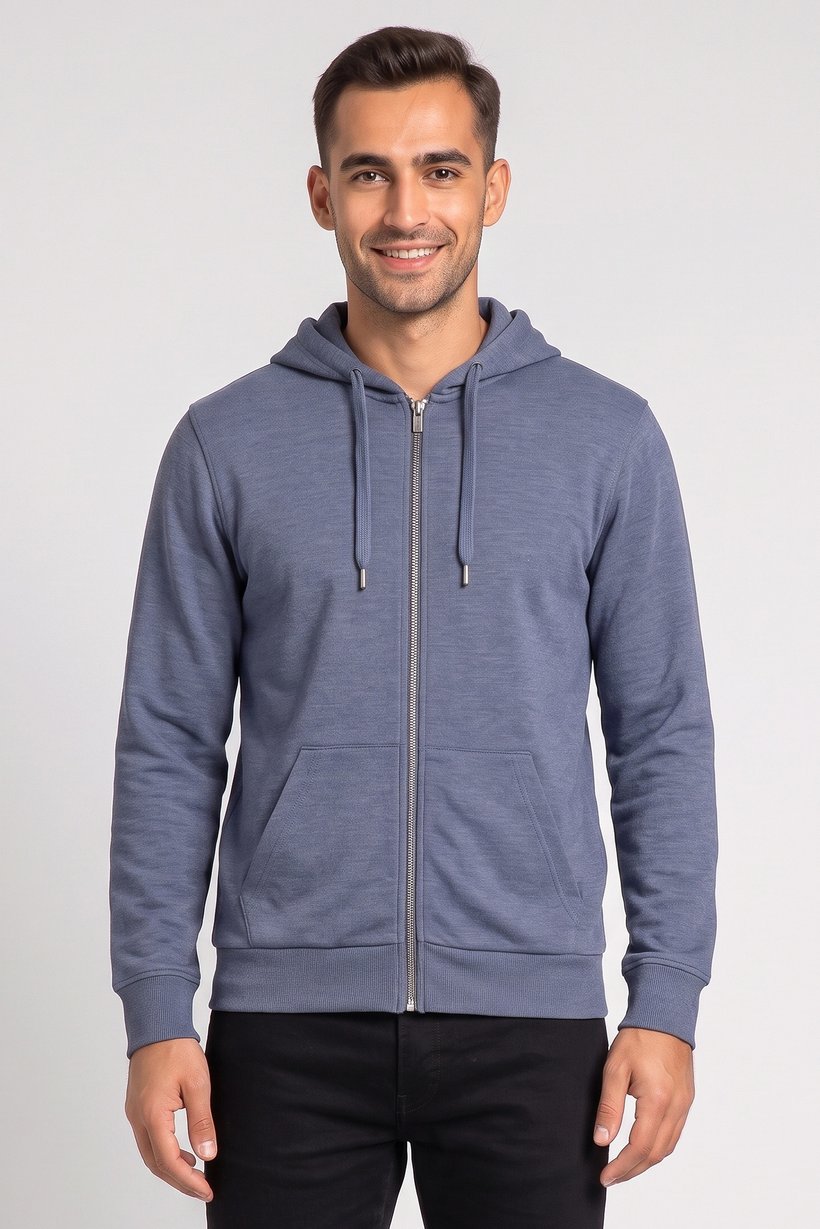 Men Textured Long Sleeve Hoodie, Slate Blue