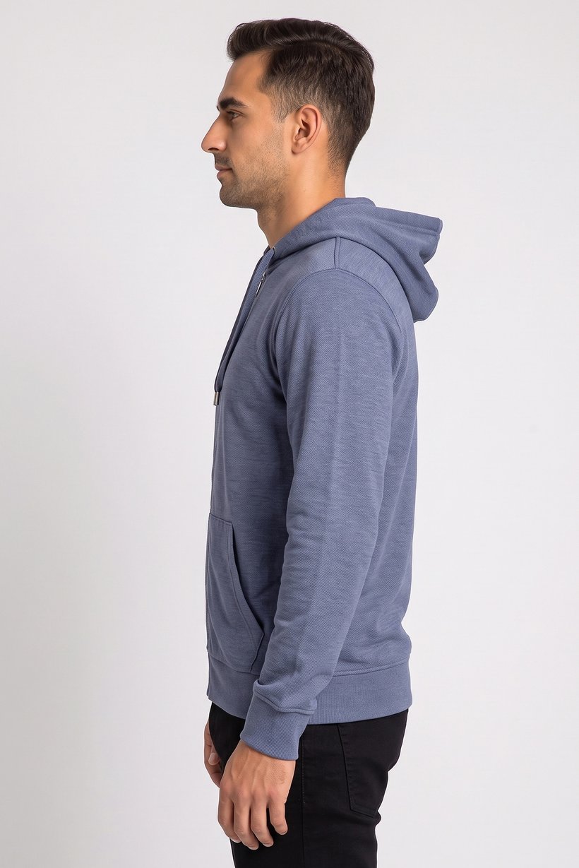 Men Textured Long Sleeve Hoodie, Slate Blue